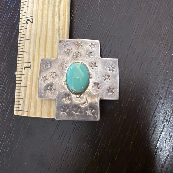 Vintage Sterling Cross Clip Earrings with Green Turquoise Cabochons - Picture 5 of 7